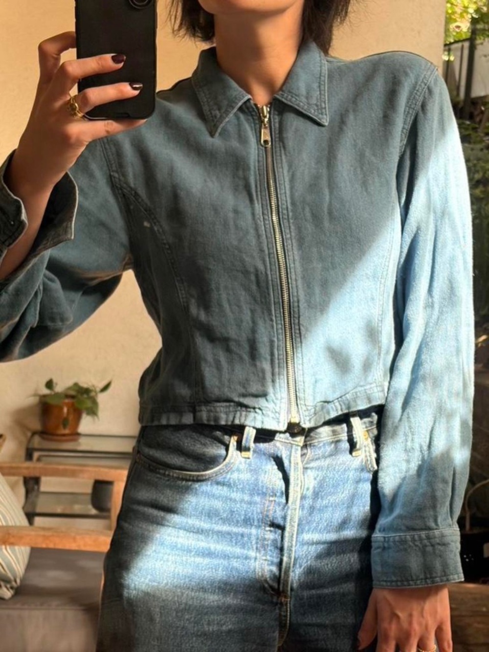 Vintage blue linen cropped shirt jacket